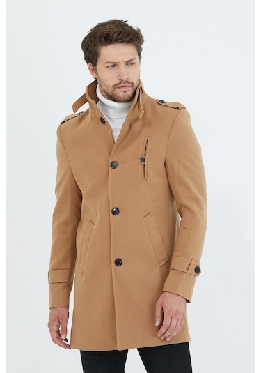 Erkek Vizyon Dar Kesim Dik Yaka Uzun Kaşe Kaban-Vizon