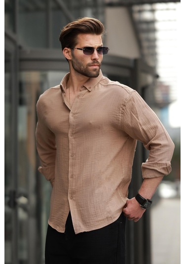 Madmext Camel Basic %100 Pamuklu Uzun Kollu Erkek Gömlek E6761 Camel