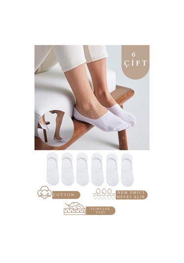 Erkek - Kadın Düz Desen 6 Çift Pamuklu Terletmez Babet Çorap Beyaz