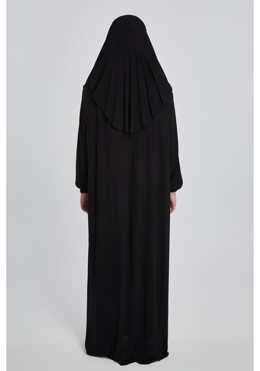 Pratik Başörtülü Rahat Giyilebilen Organik Tek Parça Namaz Elbisesi Siyah
