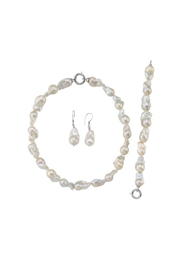 22,5 Mm Barok İnci Kolye Bileklik Küpe Üçlü Set 40 Cm / Beyaz Gümüş