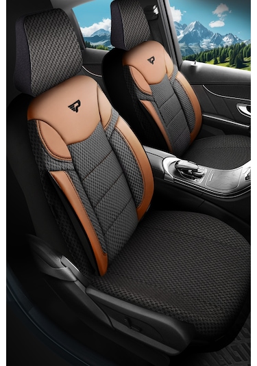 Siyah - Taba Garni Panda Dragon Serisi Dokuma Kumaş Oto Koltuk Kılıfı - Tam Set