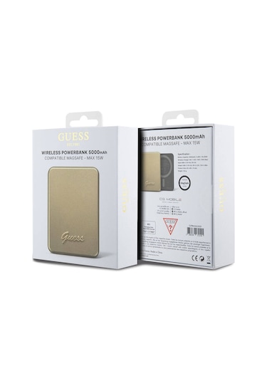 Guess Lisanslı Magsafe Şarj Özellikli Metal Yazı Logolu Powerbank 5000mah 15w Gold