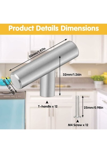12 Adet Mutfak Çekmecesi Donanımı Paslanmaz Çelik T Şeklinde Mobilya Topuzu Dolap Kapısı Gardırop İçin 12 Vida, Gümüş Diğer