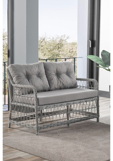 Breda Rattan Örgü Bahçe Balkon Takımı 2+1+1 Cam Masalı Gri Gri