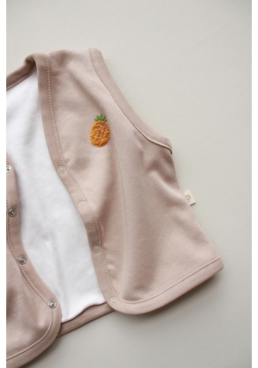 Ananas Nakışlı Çift Taraflı Yelek Vizon