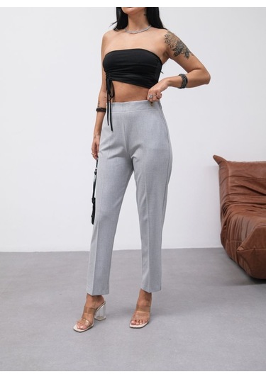 Dekorati F Düğmeli Arka Bel Lasti Kli Pantolon Gri