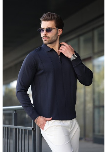 Lacivert Polo Yaka Fermuarlı Erkek Kazak E7427 Lacivert