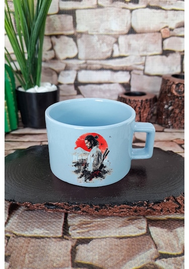 Samuray İlüstrasyon 1 Baskılı Japon Savaşçı Anime Manga Kare Kulplu Fincan Mavi Kupa Bardak MAvi