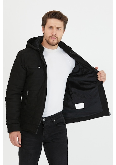 Erkek Siyah Dar Kesim Kapüşonlu Kalın Kumaş Süet Mont Siyah