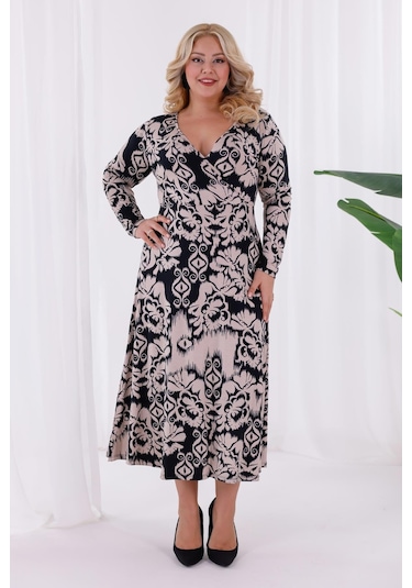 Kadın Siyah Bej Etnik Desen Kruvaze Yaka Büyük Beden Esnek Maxi Elbise Siyah - Sarı