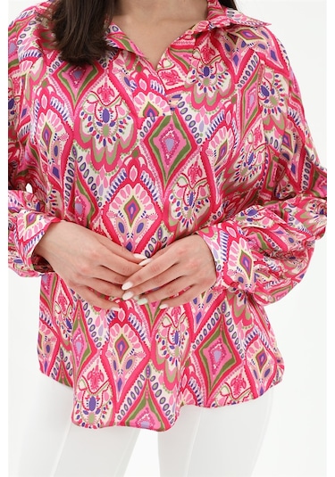 Reglan Kol Baskılı Saten Gömlek - Pembe-pembe Pembe