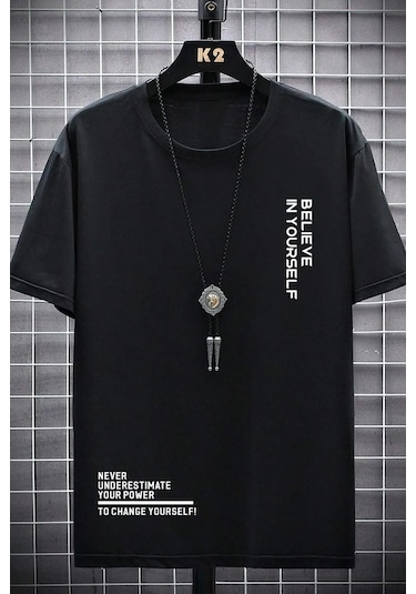 Erkek Belive İn Yourself Baskılı Oversize Tshirt Siyah