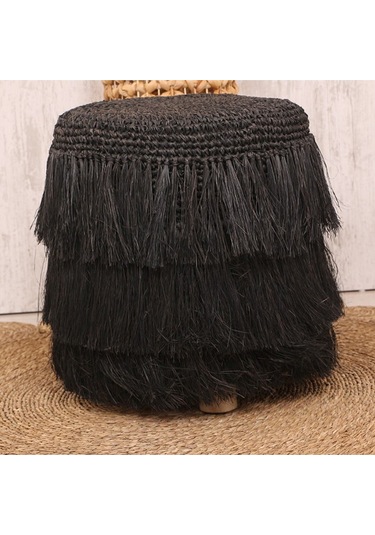 Rafya Saçaklı Siyah Puf 45x48 Cm Siyah