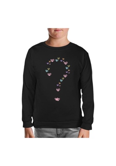 Kalp Soru Işareti Siyah Çocuk Sweatshirt Siyah