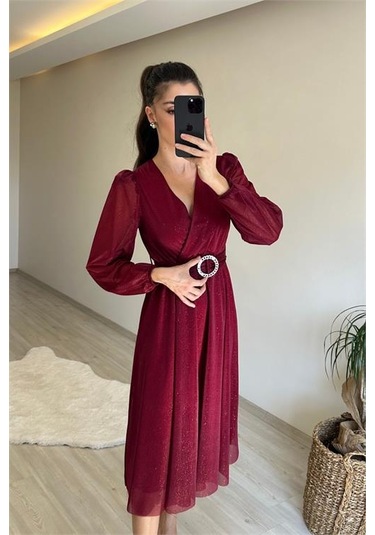 Neşeli Butik Kadın Kruvaze Yaka Tokalı Midi Boy Işıltılı Elbise Nm009 Bordo
