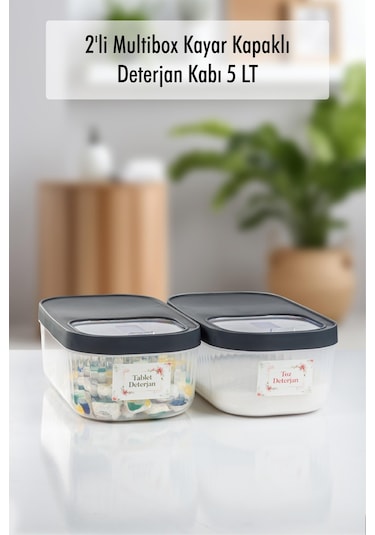 2'li 5 Lt Multibox Kayar Kapaklı Saklama Kabı Toz Ve Tablet Deterjan Kutusu Siyah