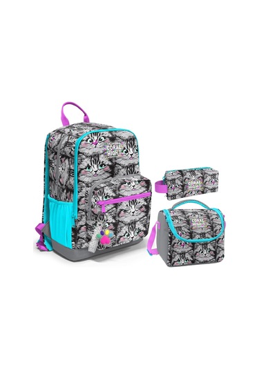 Coral High Üçlü İlk ve Ortaokul Okul Çanta Seti - Gri Kedi - Kız Çocuk