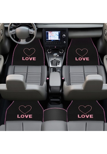 Kalp Ve Aşk Desenli Pembe Nakışlı 5'li Oto Halı Paspas Seti Love Yazı Detaylı Araba Paspas Takımı
