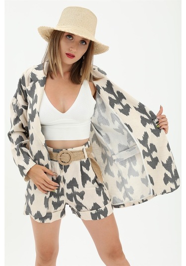 Kemerli Desenli Oversize Blazer Ceket - Siyah-siyah Siyah