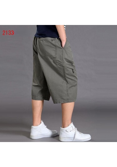 Yaz Erkek Gevşek Kargo Pantolon Rahat Büyük Artı Boyutu Geniş Bacak Çok Yönlü Şort Kırpılmış Pantolon Eşofman Altı Asker Yeşili Haki