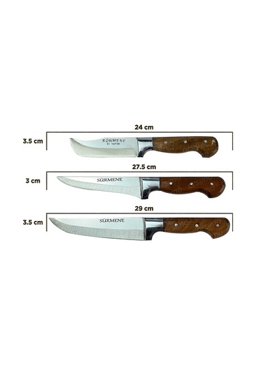 Lazoğlu Sürmene 3 Lü Dövme Çelik El Yapımı Bıçak Seti Kutulu