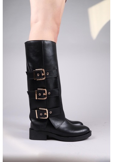 Balrog Gold Kemer Aksesuarlı Düz Çizme Siyah-8465 Siyah