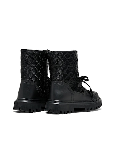 Tonny Black Çocuk Unisex Siyah Termo Taban Kapitone Dikişli Fermuar Detaylı Kar Botu Siyah