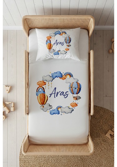 %100 Pamuk Saten İsme Özel İsimli 100x200 Tek Kişilik Lastikli Çarşaf Seti Balon Beyaz