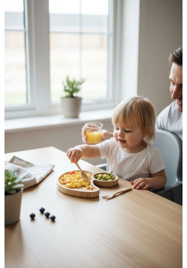 Ördek Figürlü Bambu Bebek Mama Seti Bölmeli Tabak + Kaşık Çatal Seti Bej