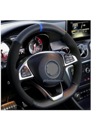Renault 9 Alkantra Karbon Mavi Yüzüklü Deri Direksiyon Kılıfı
