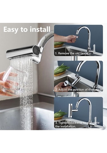 Fusty 360 Derece Döner Şelale Musluk Başlığı - 4 Fonksiyonlu Gümüş