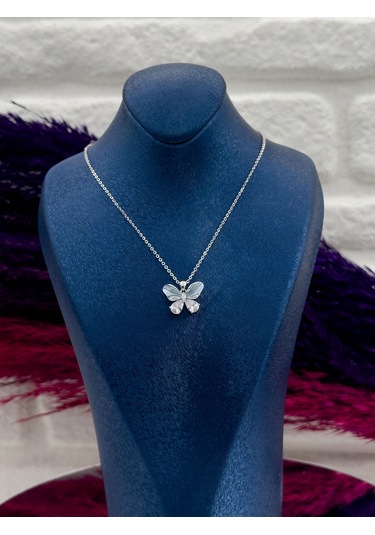 925 Ayar Gümüş Mineli Tasarım Kelebek Modeli Lüks Kadın Kolye Gümüş
