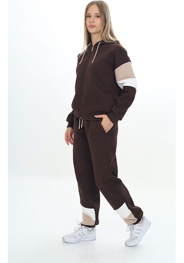 Toontoy Kız Çocuk Kapüşonlu Fermuarlı Garni Detaylı Eşofman Takım Kahverengi