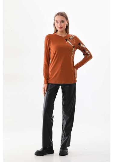 Sistas Kadın Desenli Bisiklet Yaka Uzun Kol Bluz 23598 Camel