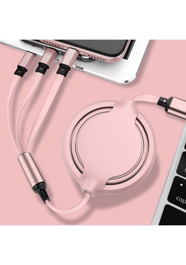 3.5a Sıvı Silikon 3'ü 1 Arada Usb - Usb-c / Type-c 8pin Mikro Usb Geri Çekilebilir Veri Syn Şarj Kablosu Pembe