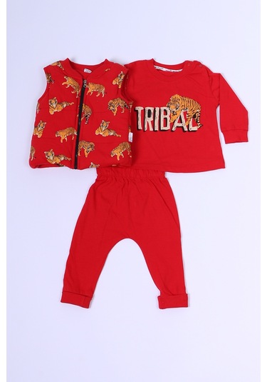 Erkek Bebek 3 Lü Takım 3 İplik Yelekli Kaplan Baskılı Fermuarlı C57 Kırmızı