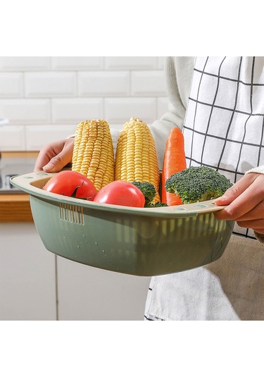Konesam Çift Katlı Plastik Sebze Yıkama Sepeti - Su Süzme, Depolama Ve Taşınabilir Mutfak Aleti Asker Yeşili Yeşil