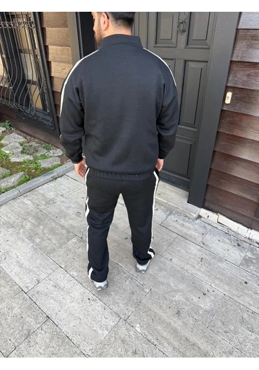 Erkek Çift Şeritli Eşofman Takım Dik Yaka Fermuarlı Sweatshirt Boru Paça Alt, Oversize 3 İplik Pamuk Siyah