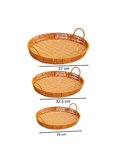 Porsima 710-d Yuvarlak 3'lü Hasır Tepsi Dekoratif Sunum Tepsisi