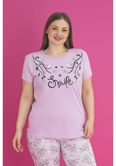 X-dreamy Büyük Beden Pamuklu Çiçekli Kısa Kollu Pijama Takımı Lila