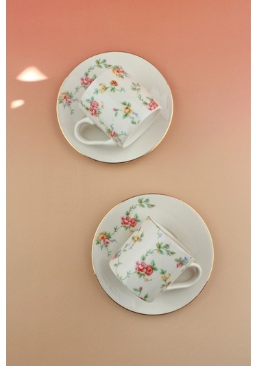 Mine Çiçeği Altın Yaldızlı İki Kişilik Kahve Fincan Takımı Beyaz