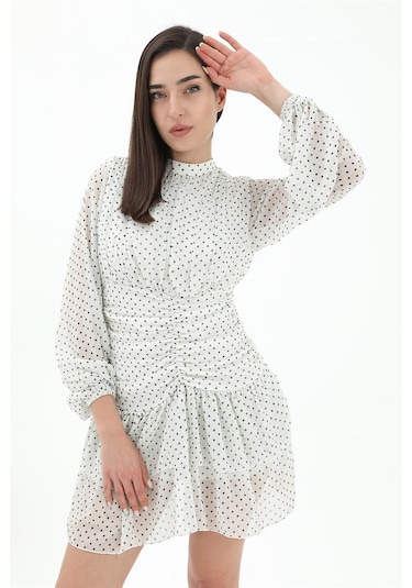 Büzgülü Puantiyeli Şifon Elbise - Ekru-ekru Ekru