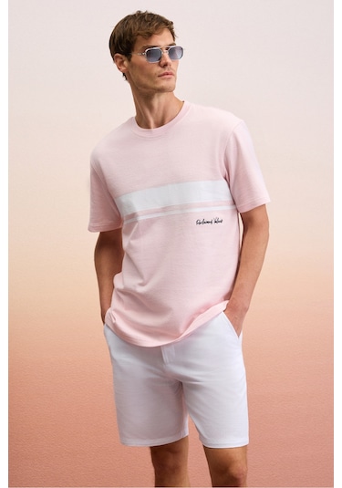 LAMINE Erkek Baskı Ve Nakış Detaylı %100 Organik Pamuk Bisiklet Yaka Kısa Kollu Regular Fit Pembe T-