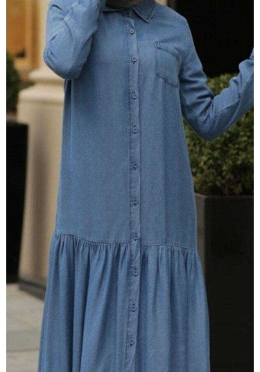 Neways 6564-Büzgülü Düğmeli Elbise Koyu Mavi