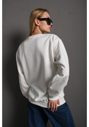 Modagen Kadın Beyaz Cool Mom Baskılı Bisiklet Yaka Oversize Sweatshirt Beyaz