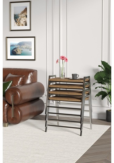 Zigon Sehpa , Aden 4'lü Tepsi Zigon Sehpa Takımı Gümüş Metal - Atlantik Çam Tabla Gümüş-atlantik Çam