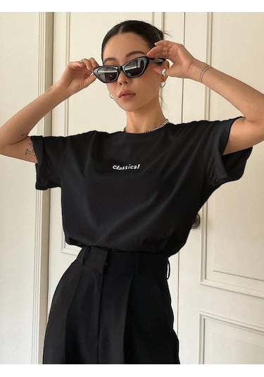 Kadın Siyah Oversize Classical Baskılı Örme T-shirt Siyah