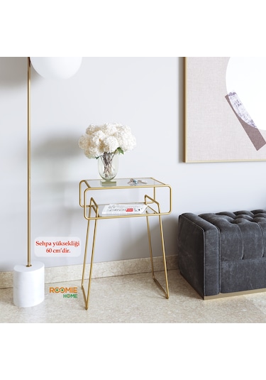 Catchme Retro Yan Sehpa. Metal Sehpa.Cam Sehpa.Salon. Yatak Odası Altın