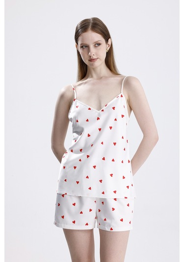 Laperissa Kadın Kalp Desenli Saten İp Askılı Şort Takım Çok Renkli